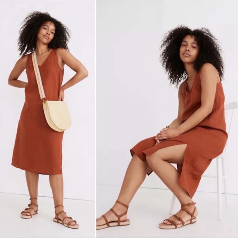 Madewell XXS Rust Burnt Orange Linen-Blend V-Neck Tank Dress